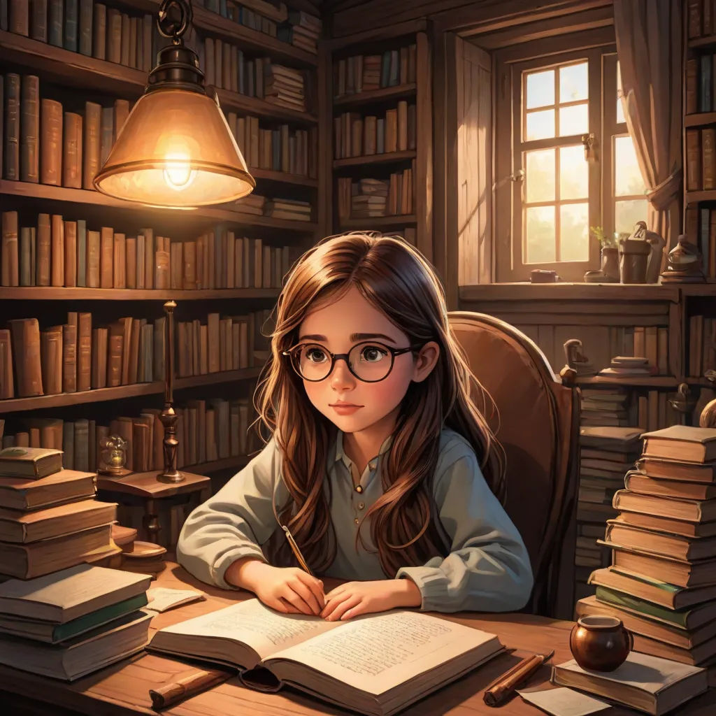 a girl sitting at a desk with a book and a lamp in front of her and a pile of books on the desk, storybook illustration, fantasy art, a storybook illustration, Cyril Rolando