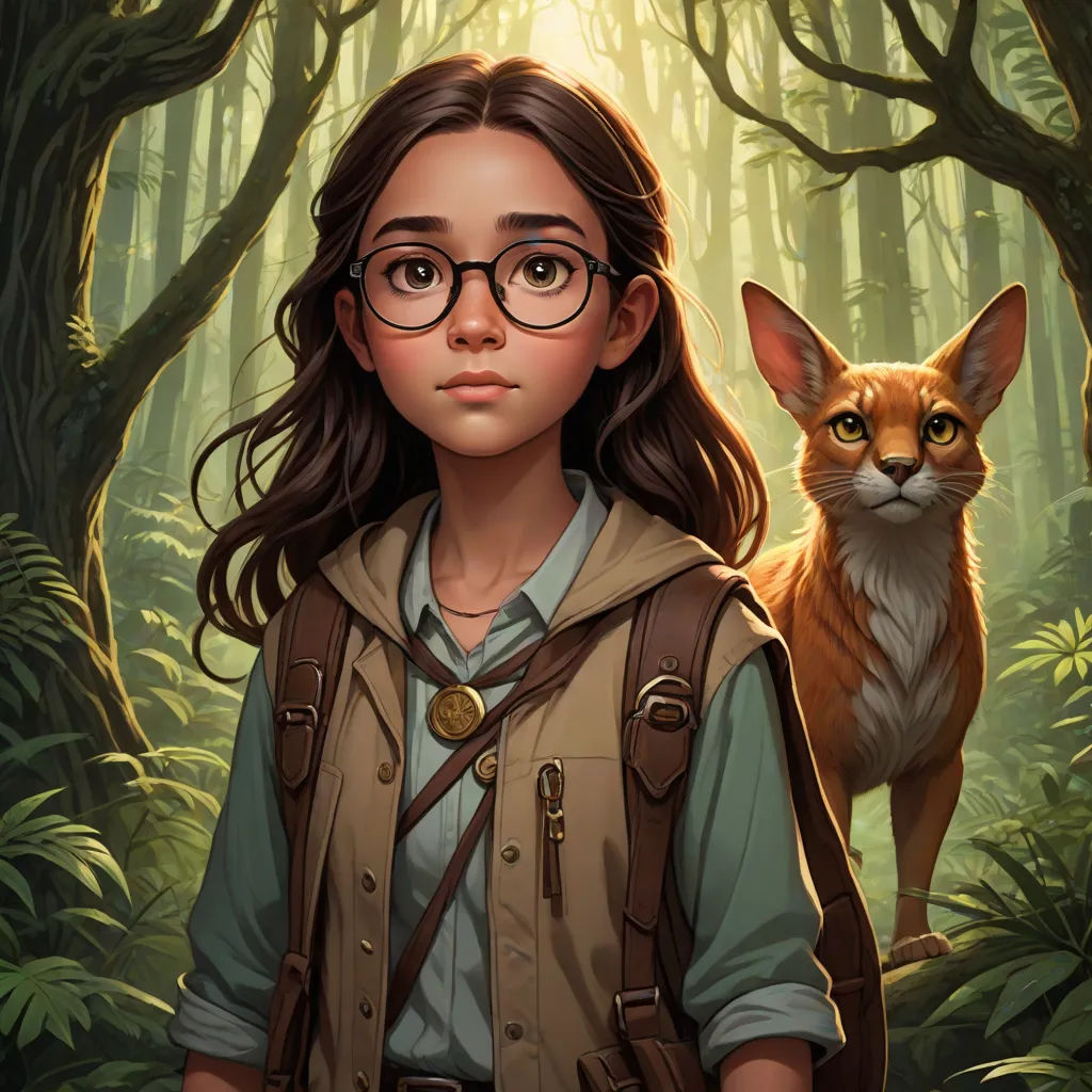 a girl in a forest with a cat on her shoulder and a forest scene behind her, with a forest scene with a girl and a cat, key art, fantasy art, a character portrait, Art of Brom
