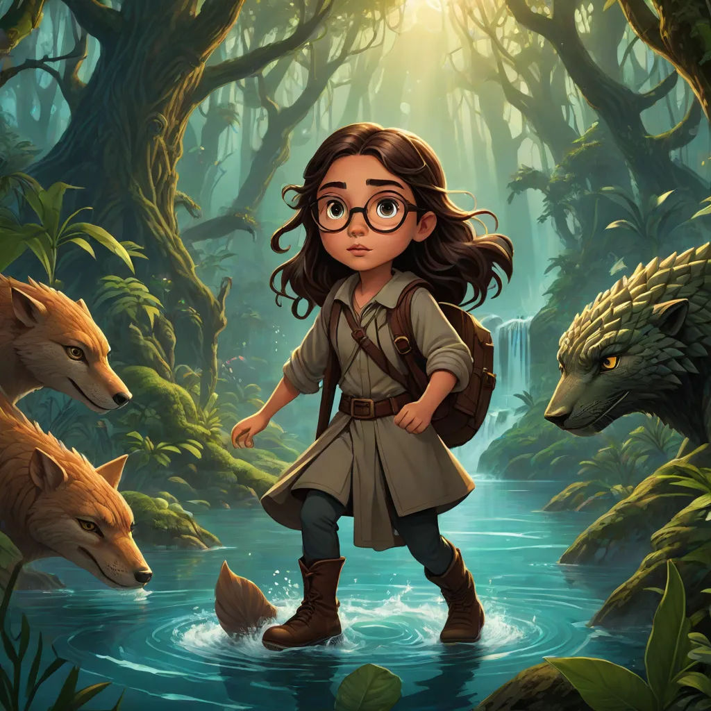 a girl with glasses and a backpack standing in a forest with two animals and a waterfall in the background, key art, fantasy art, a storybook illustration, Diego Gisbert Llorens