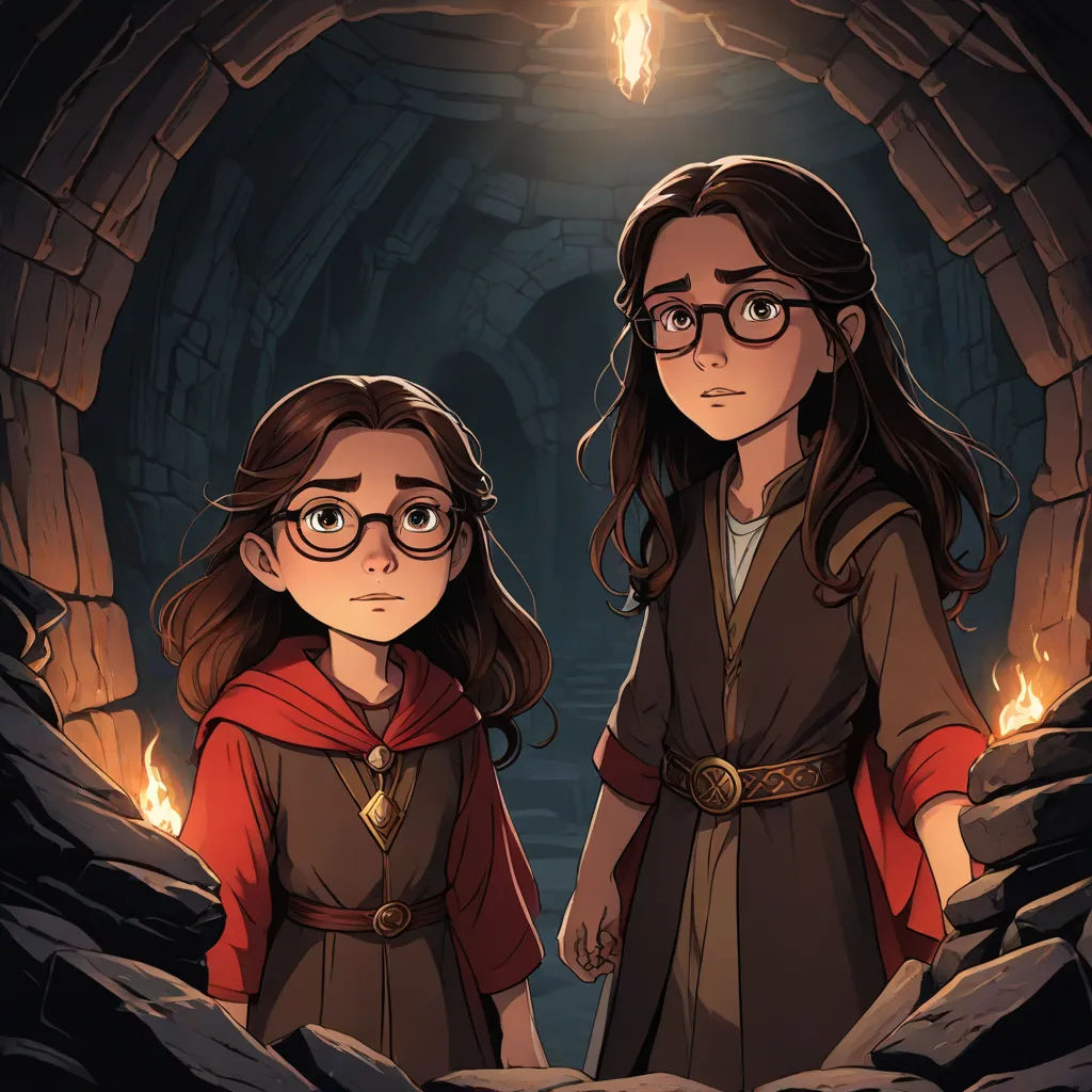 two young girls standing in a cave with a light above them and a light above them, both wearing glasses, official art, sots art, concept art, Ada Gladys Killins