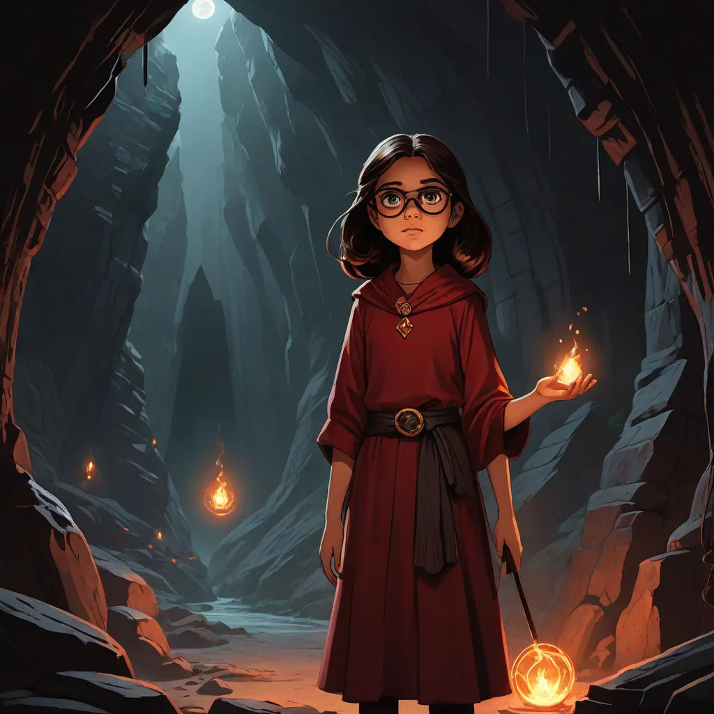 a girl in a red dress holding a glowing orb in a cave with a light in her hand and a flashlight in her hand, rossdraws global illumination, fantasy art, concept art, Andreas Rocha