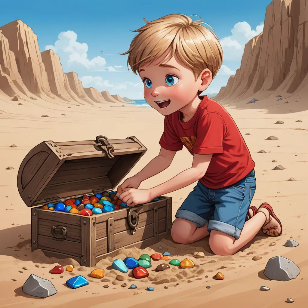 a boy playing with a chest of colorful rocks in the desert with a mountain in the background and a desert landscape, fantasy art, an ultrafine detailed painting, Aaron Jasinski, magic the gathering artwork