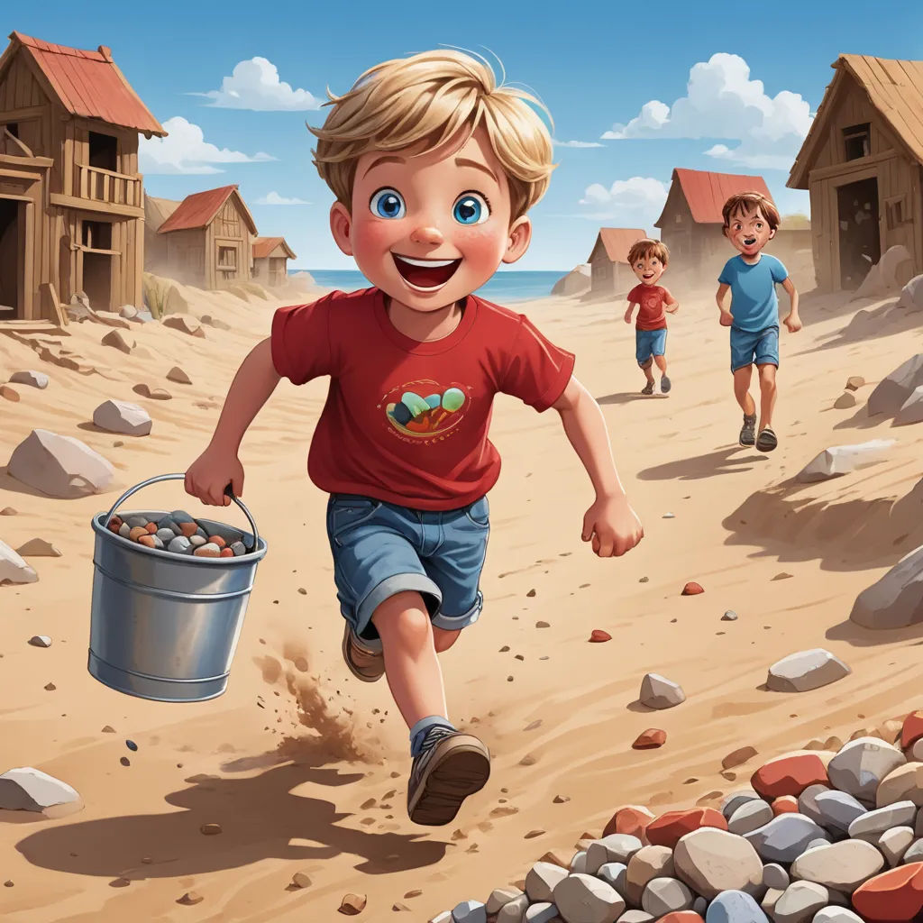 a boy running on the beach with a bucket of food in his hand and another boy running behind him, american scene painting, a storybook illustration, Aaron Jasinski, trending on art station
