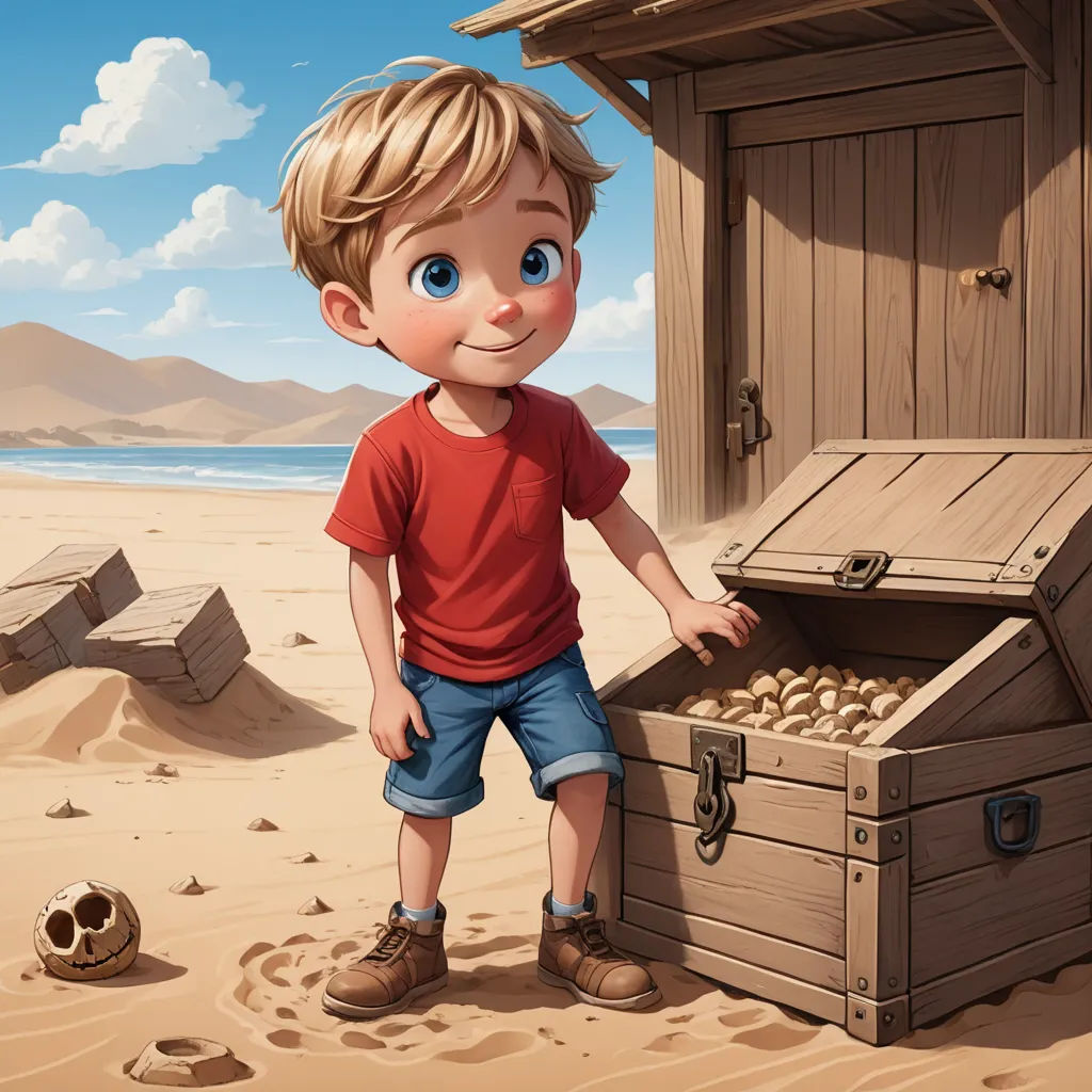 a boy standing next to a chest of potatoes on a beach with a wooden shack in the background and a beach with a sand and sand area with a few sand, photorealism, a storybook illustration, Aaron Jasinski, rossdraws global illumination