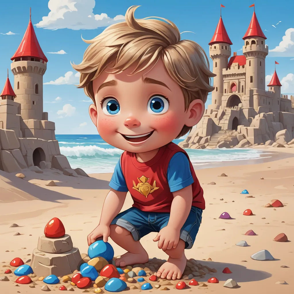 a cartoon boy playing with a sand castle on the beach with a castle in the background and a blue sky, sots art, an ultrafine detailed painting, Chris LaBrooy, highly detailed digital painting