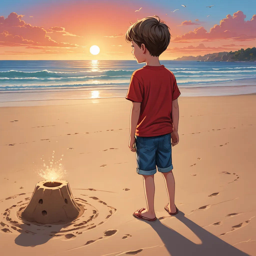 a boy standing on a beach next to a sandcastle with a fire in it and a sunset in the background, magic realism, a storybook illustration, Aaron Jasinski, book cover