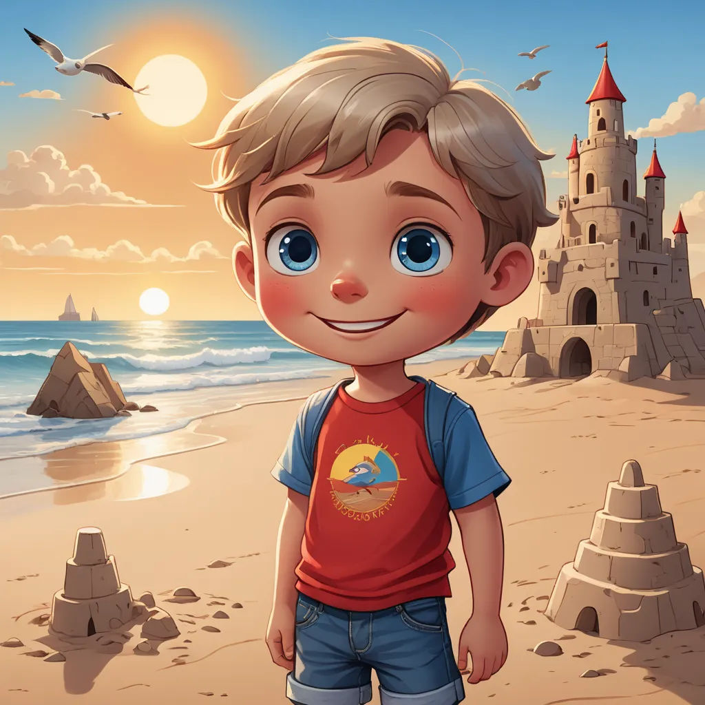 a boy standing on a beach next to a castle and a bird flying over the ocean and sandcastles, sots art, a storybook illustration, Cliff Childs, rossdraws global illumination