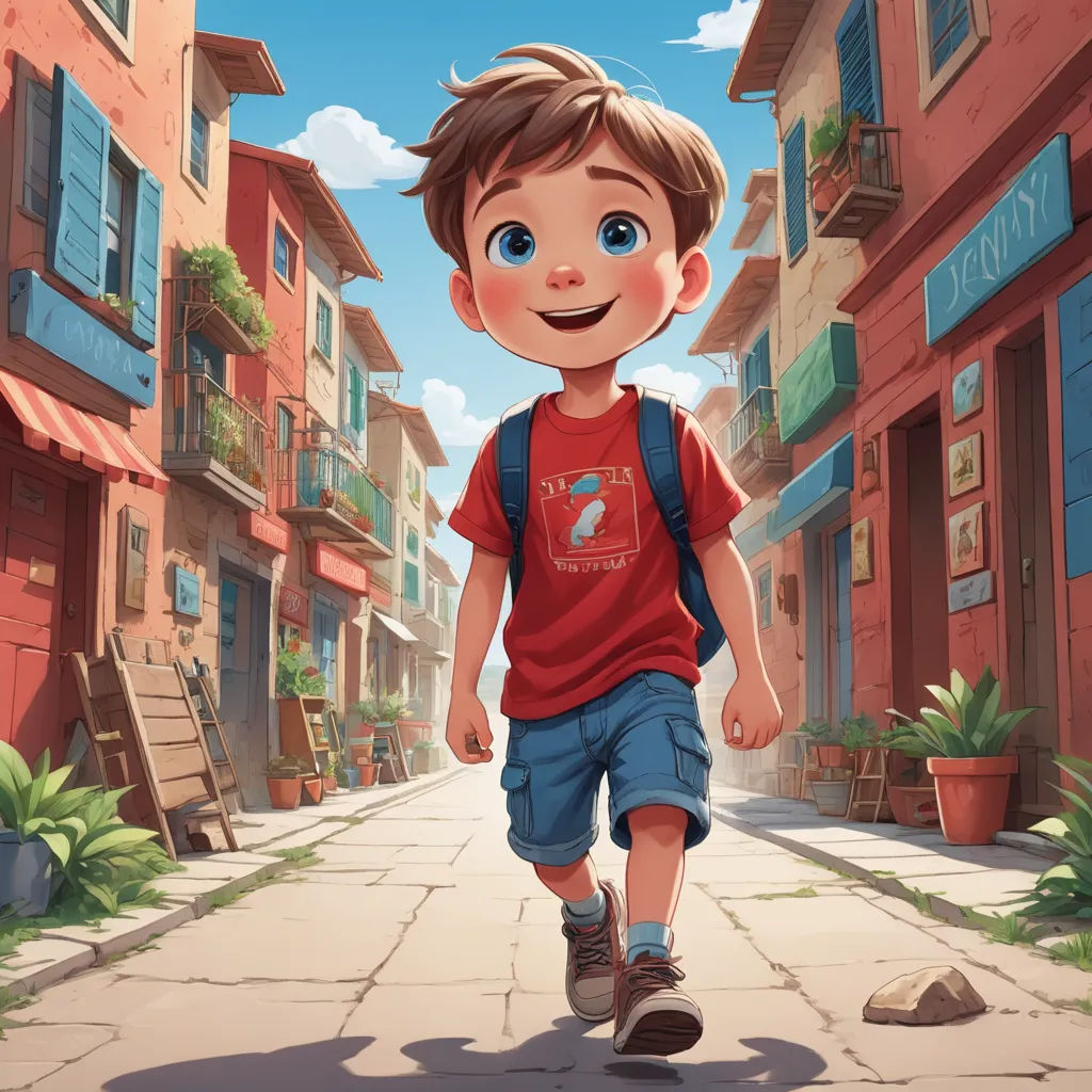 a boy walking down a street in a cartoon style with a backpack on his back and a backpack on his shoulder, photorealism, a storybook illustration, Diego Gisbert Llorens, rossdraws global illumination
