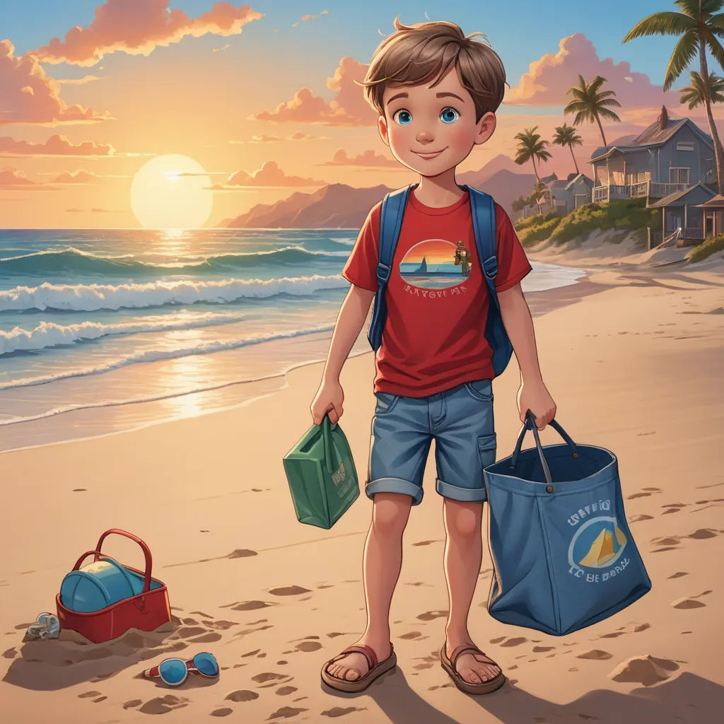 a boy on the beach with a bag and a bag of luggage in front of him and a beach bag, american scene painting, a storybook illustration, F Scott Hess, key art