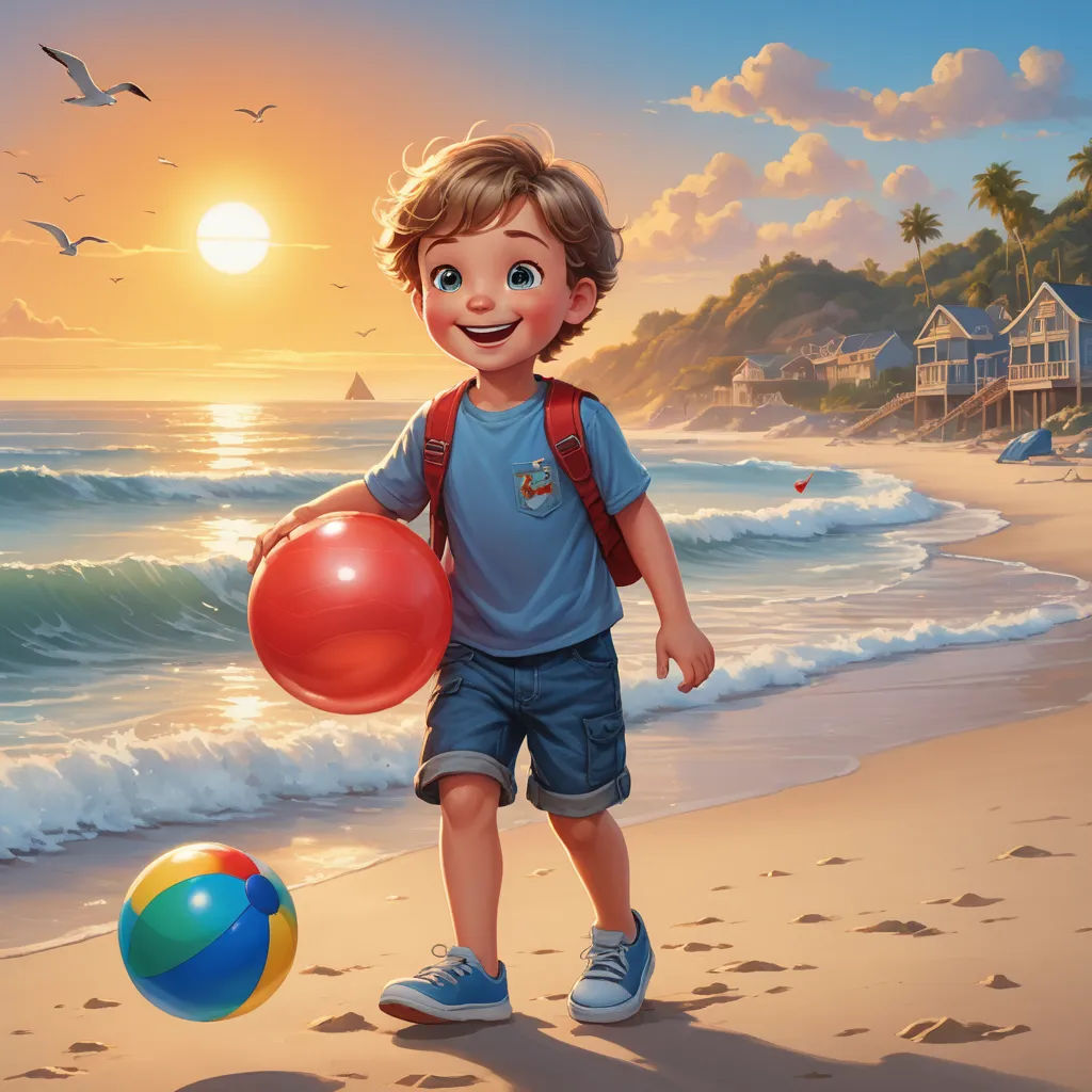 a boy is playing with a ball on the beach at sunset or sunrise time, with a bird flying over the beach, american scene painting, a storybook illustration, Aaron Jasinski, rossdraws global illumination