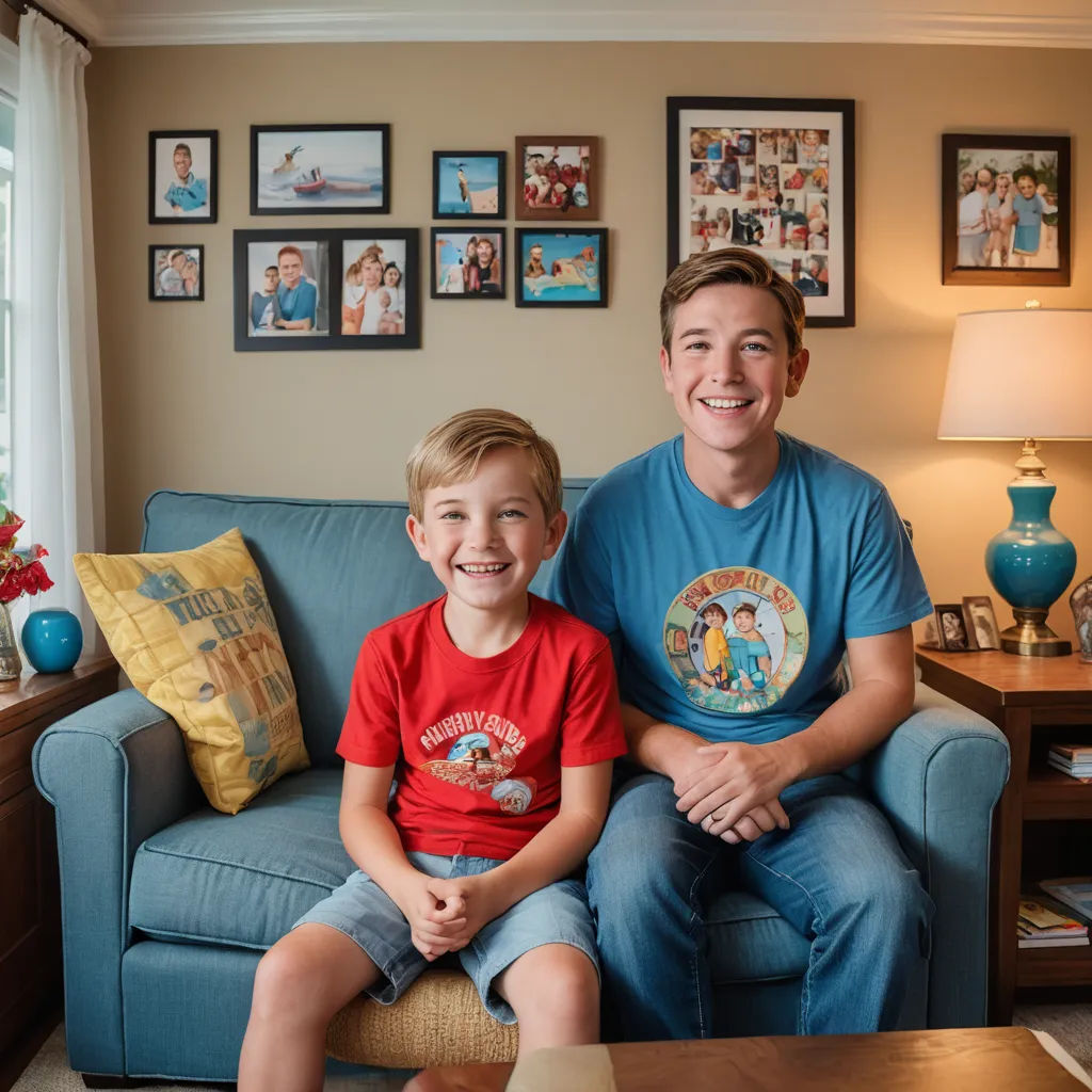 a man and a boy sitting on a couch in a living room with pictures on the wall behind them, naive art, a stock photo, Christopher Moeller, pixar and disney animation