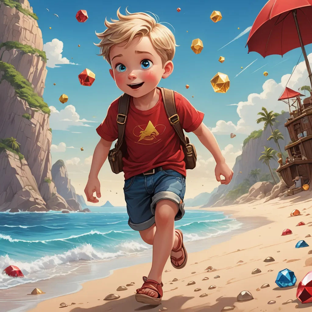 a boy running on the beach with an umbrella in hand and a ship in the background with a red umbrella, altermodern, concept art, Aaron Jasinski, rossdraws global illumination