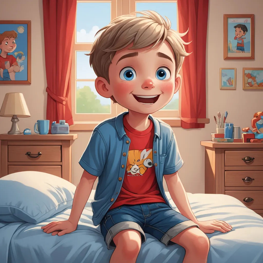 a boy sitting on a bed with a blue shirt and red shirt on and a red shirt on and a red shirt on, american scene painting, a storybook illustration, Diego Gisbert Llorens, rossdraws global illumination