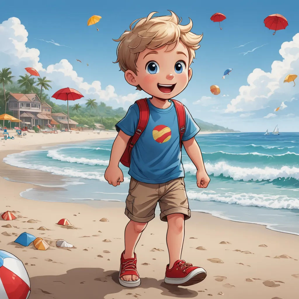 a boy walking on the beach with a backpack on his back and a beach ball in the sand behind him, sots art, a storybook illustration, Cliff Childs, rossdraws global illumination