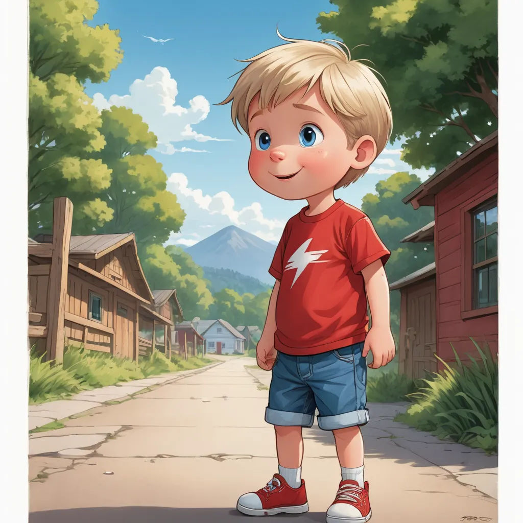 a boy standing on a street in front of a house with a mountain in the background and a tree, photorealism, a storybook illustration, Aaron Jasinski, rossdraws global illumination