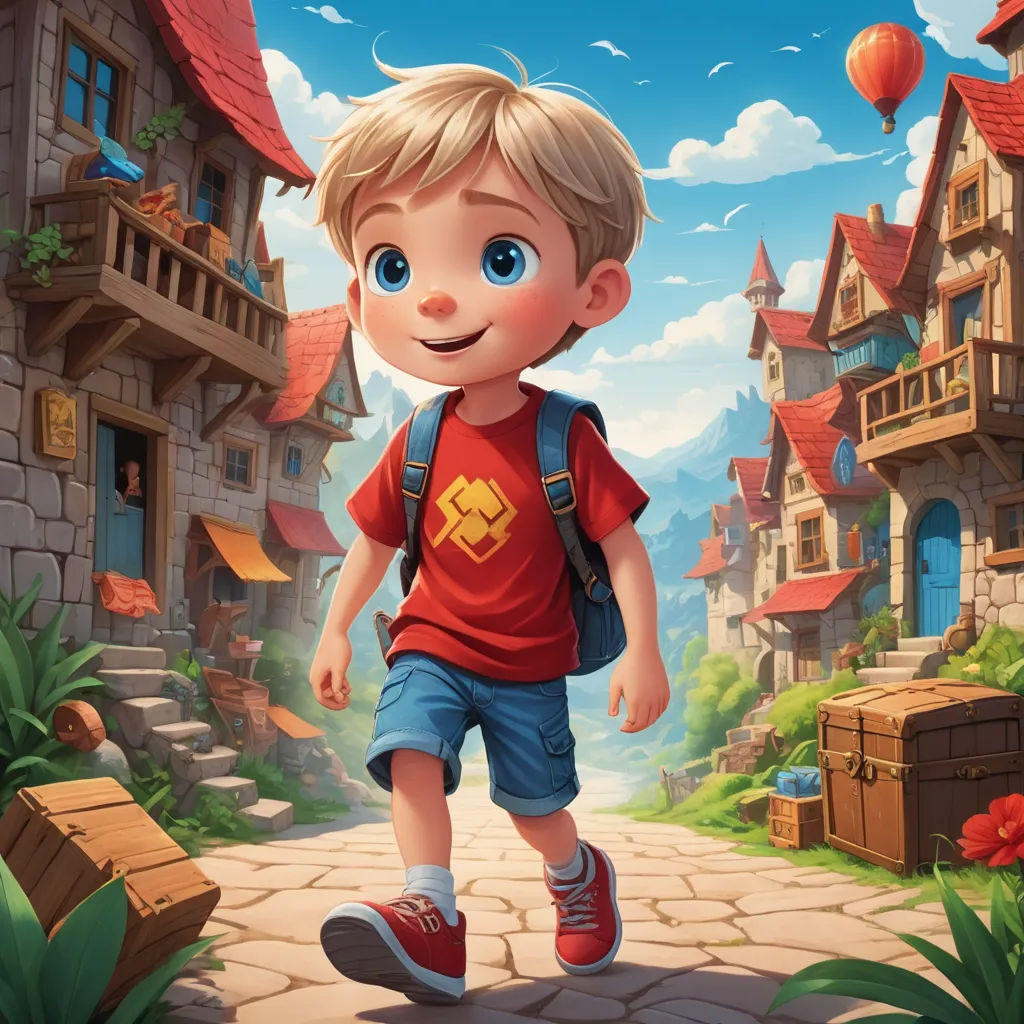 a boy is walking down a path in a cartoon style with a red shirt and blue shorts and a backpack, sots art, a storybook illustration, Aaron Jasinski, rossdraws global illumination