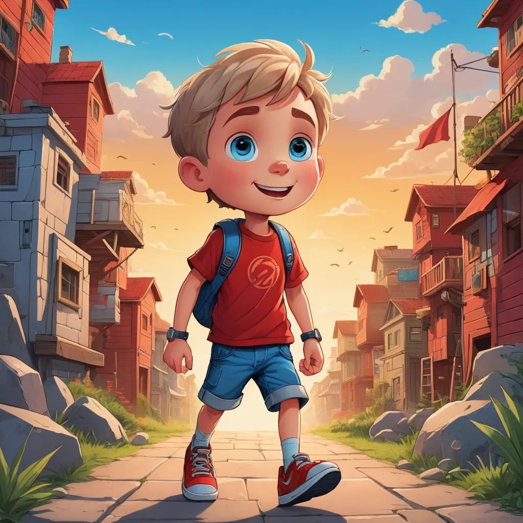 a boy with a backpack is walking down a street in a cartoon style, with a sunset in the background, sots art, a storybook illustration, Diego Gisbert Llorens, rossdraws global illumination