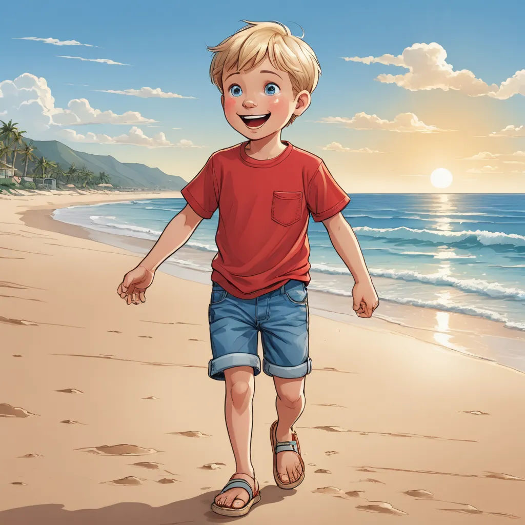 a boy walking on the beach with a smile on his face and a red shirt on his shirt and blue shorts, lyco art, a storybook illustration, Cliff Childs, official art