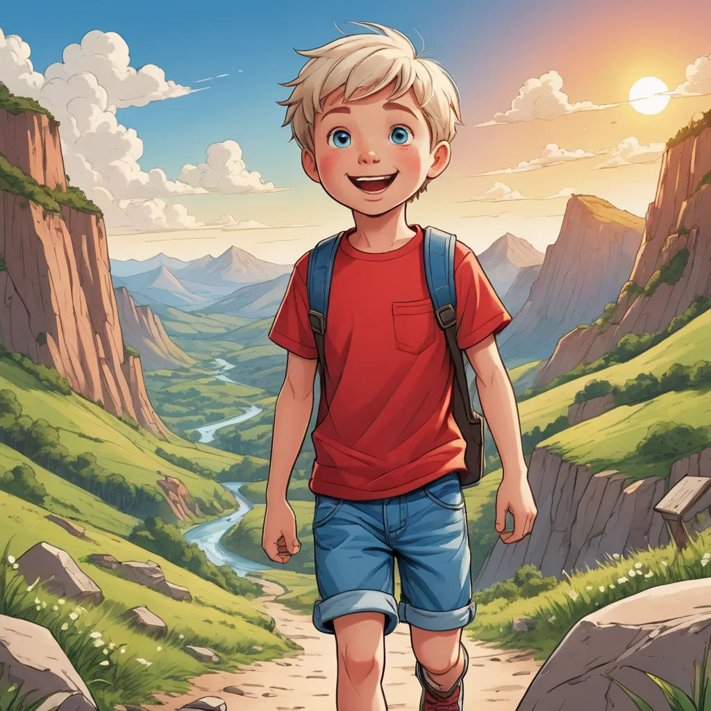 a boy walking down a path in the mountains with a backpack on his back and a river running through the valley behind him, fantasy art, a storybook illustration, Cliff Childs, rossdraws global illumination