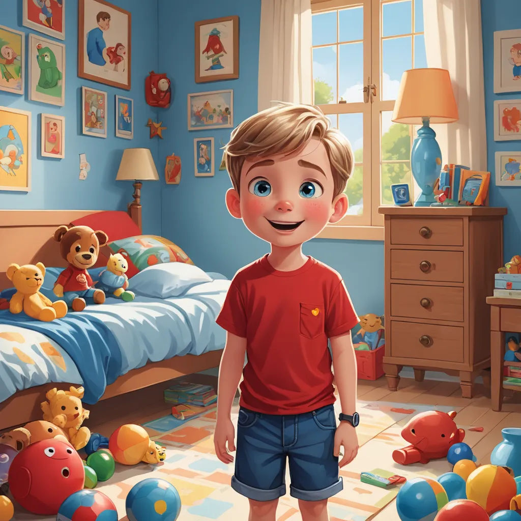 a boy standing in a bedroom with toys all around him and a teddy bear on the floor in front of him, sots art, a storybook illustration, Chris LaBrooy, pixar style