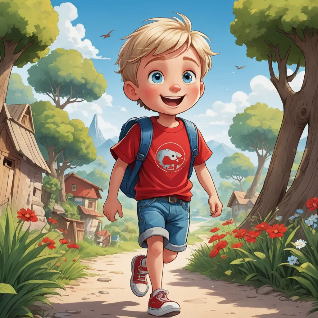 a boy is walking down a path in the woods with a backpack on his back and a bird flying overhead, fantasy art, a storybook illustration, Diego Gisbert Llorens, storybook illustration