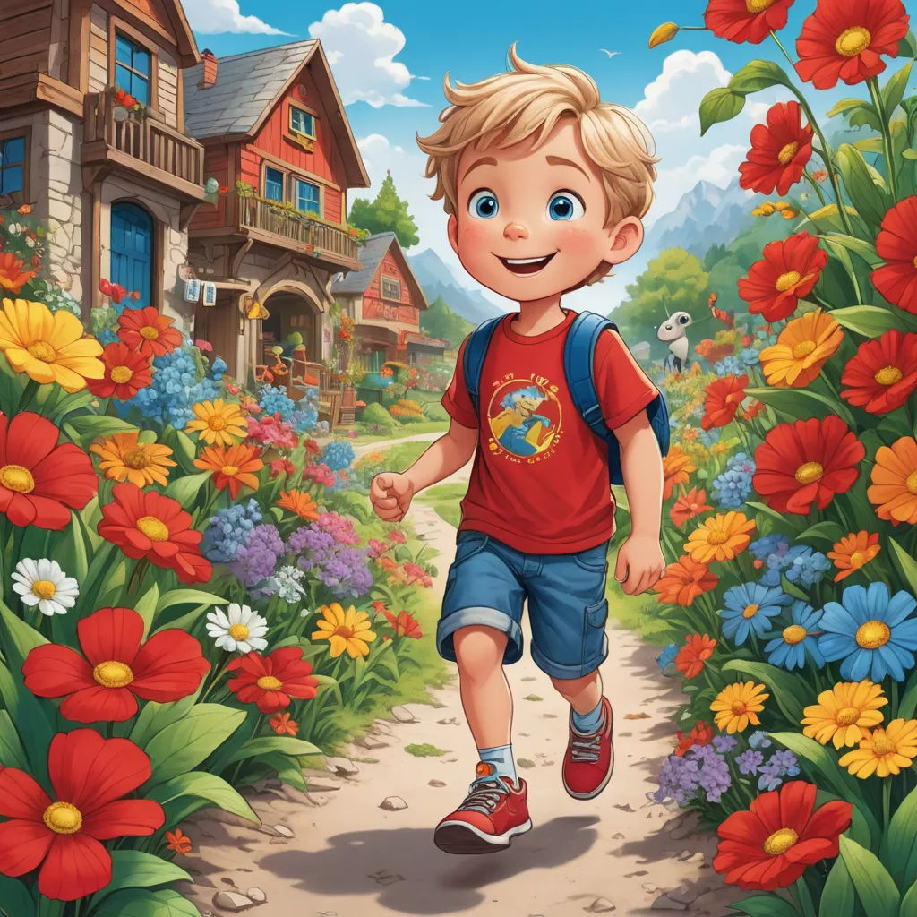 a boy is walking through a flower garden with a house in the background illustration for children's book, american scene painting, a storybook illustration, Chris LaBrooy, kinkade