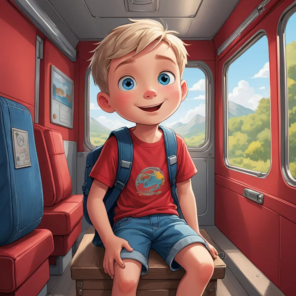 a boy sitting on a bench in a train car with a view of mountains and trees behind him,, sots art, a storybook illustration, Diego Gisbert Llorens, rossdraws global illumination