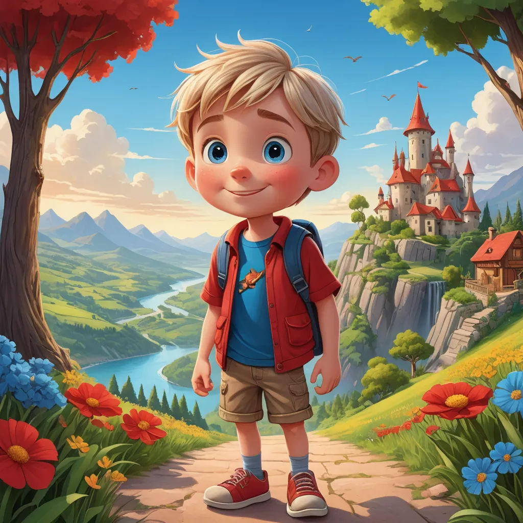a boy standing on a path in front of a castle with a lake and flowers in the background and a red and blue flowered tree, sots art, a storybook illustration, Chris LaBrooy, rossdraws global illumination