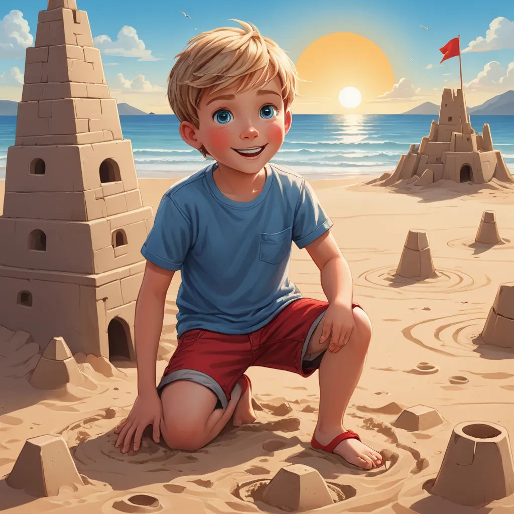 a boy sitting on a sandy beach next to a sand castle and a flag pole in the background with a sun setting, sots art, a storybook illustration, Aaron Jasinski, rossdraws global illumination