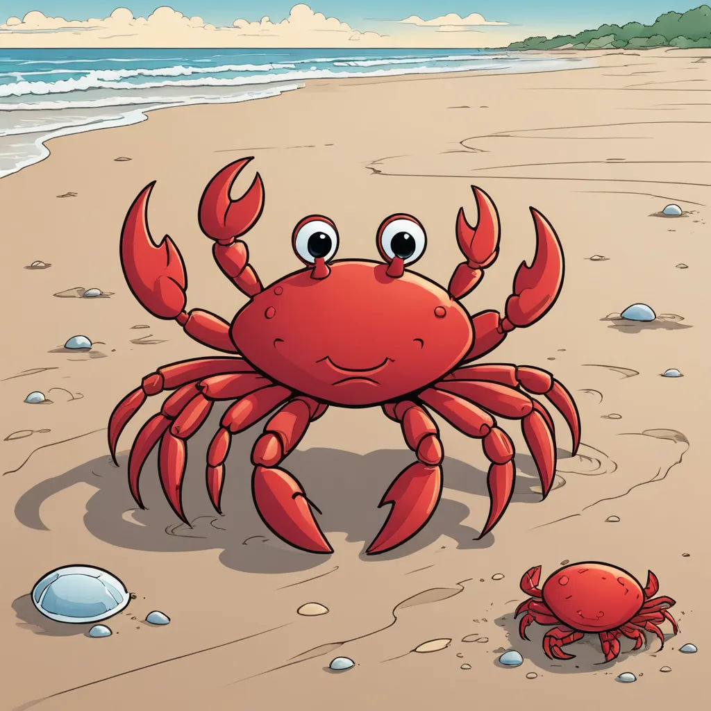 a crab and a crabling on a beach with a sky background and a blue sky in the background, lyco art, a storybook illustration, Craola, storybook illustration