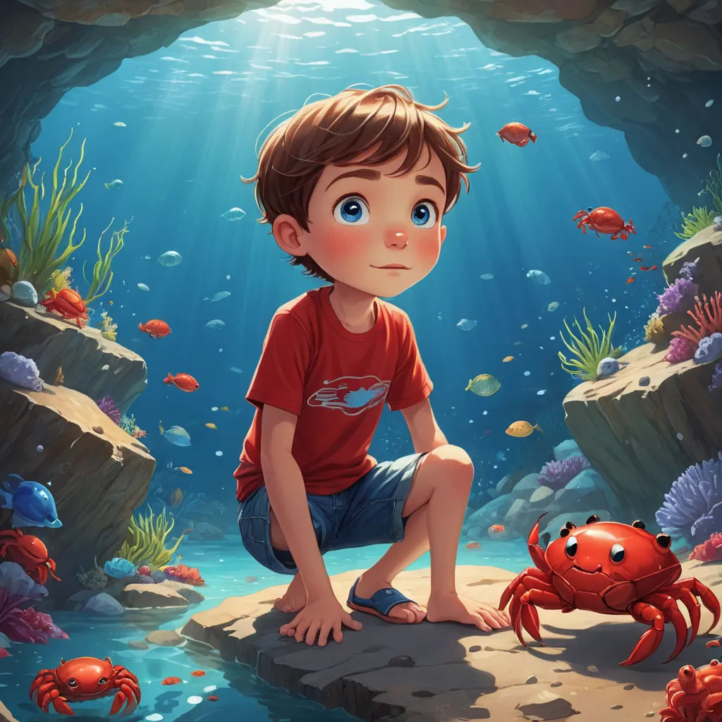 a boy sitting on a rock in a cave with a crab under water and a fish nearby on a rock, fantasy art, a storybook illustration, Cyril Rolando, rossdraws global illumination