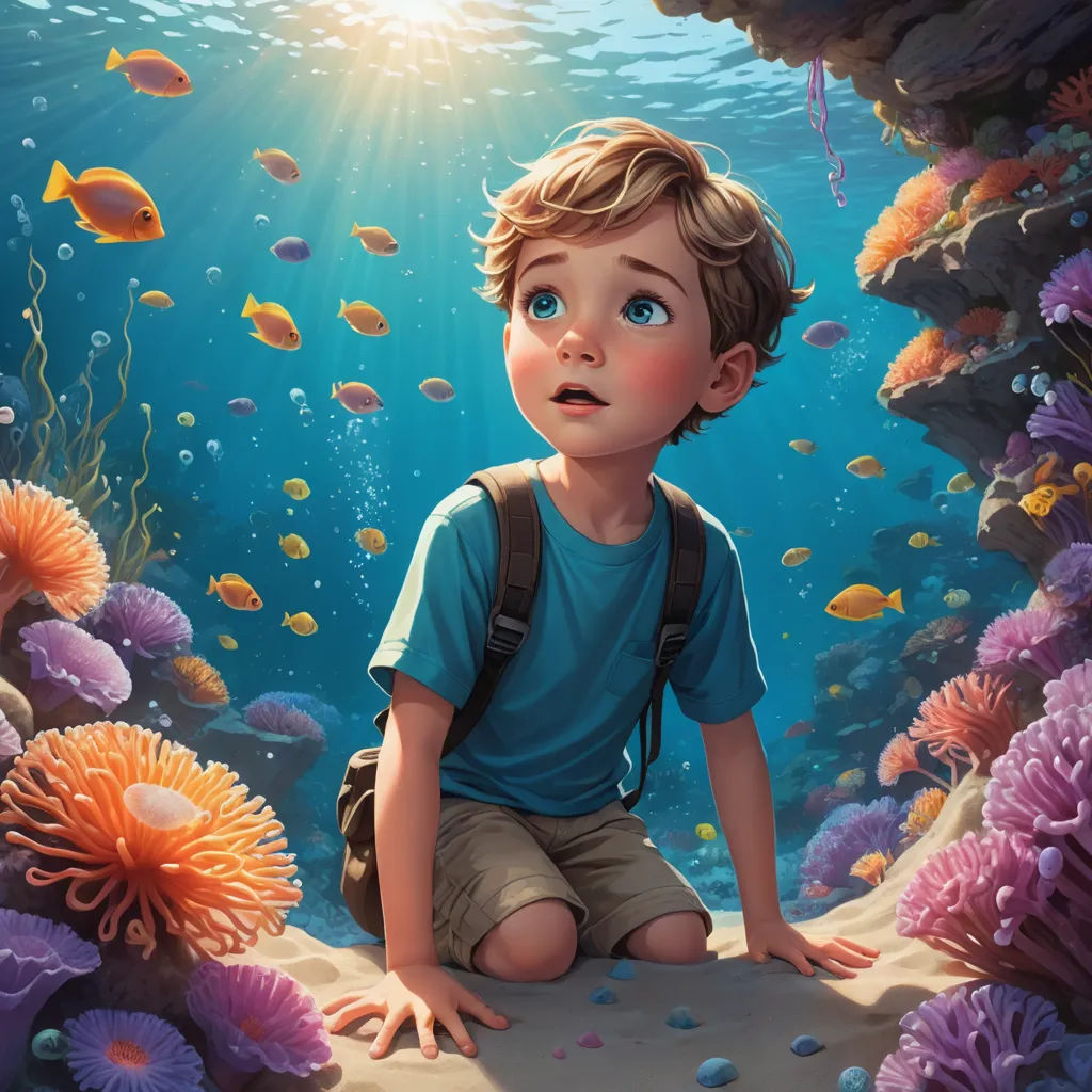 a boy sitting on the ground in front of a coral reef with fish and corals around him, looking up at the sky, fantasy art, a storybook illustration, Aaron Jasinski, rossdraws global illumination
