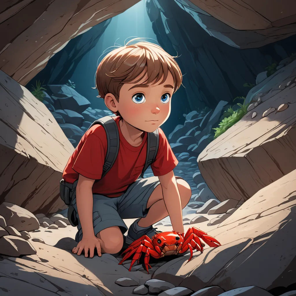 a boy kneeling down in a cave with a crab on the ground next to him and a flashlight shining in the cave, fantasy art, a storybook illustration, Aaron Jasinski, storybook illustration