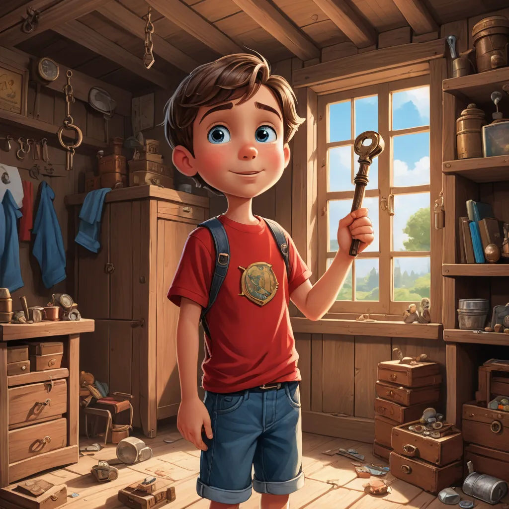 a boy holding a key in a room with a window and a shelf full of items and a wooden floor, sots art, a storybook illustration, Alejandro Burdisio, rossdraws global illumination