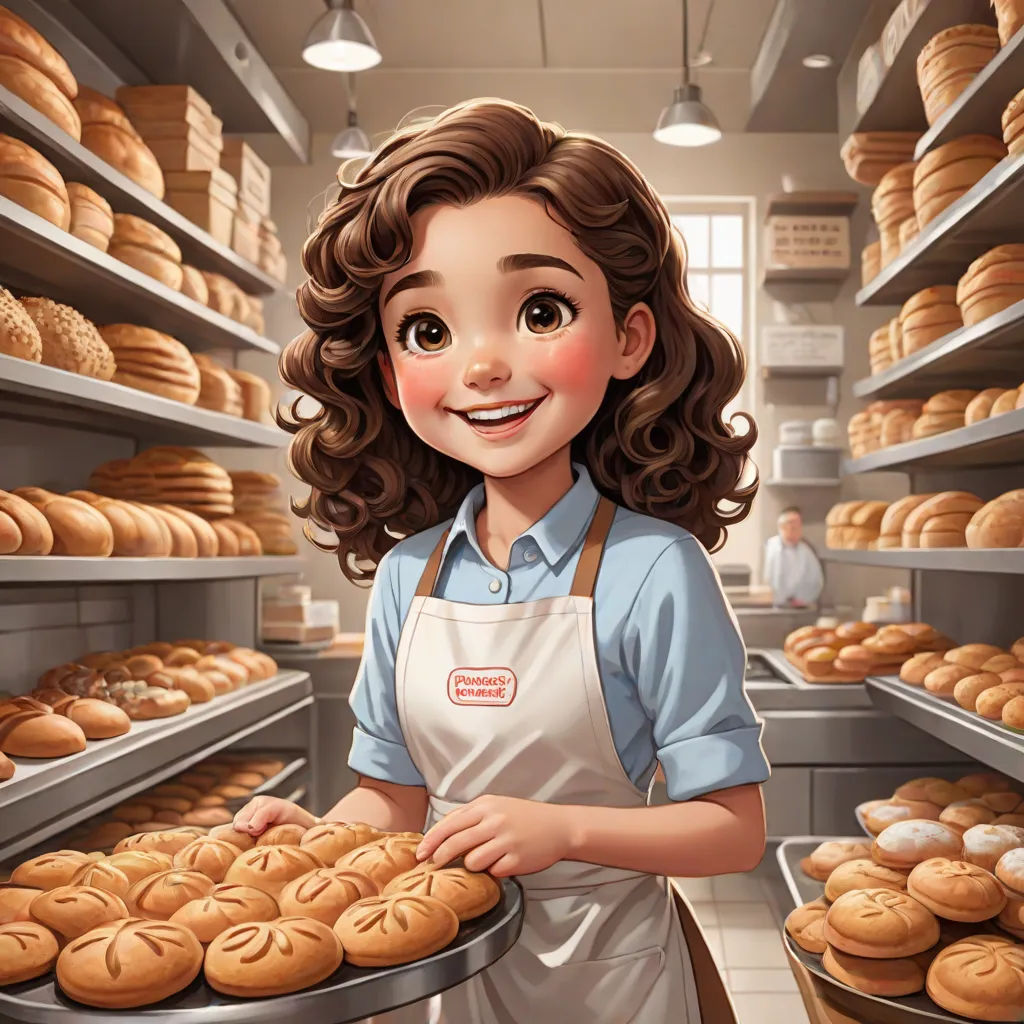 a cartoon girl holding a tray of bread in a bakery shop with shelves of baked goods behind her and a smiling man in the background, a storybook illustration, Brigette Barrager, remodernism, kinkade