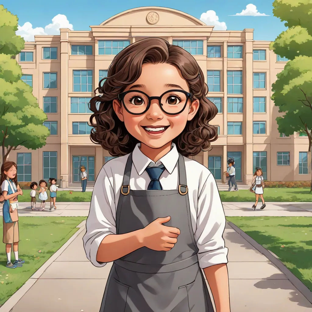 a cartoon girl in a school uniform holding a clipboard in front of a building with a group of children, a character portrait, Ada Gladys Killins, paris school, official art