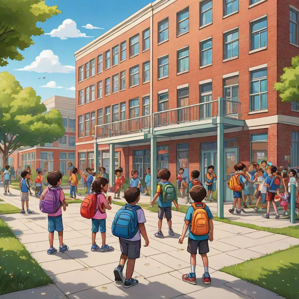 a group of children walking down a sidewalk in front of a building with a red brick building on the corner, a digital rendering, Chris LaBrooy, northwest school, official art