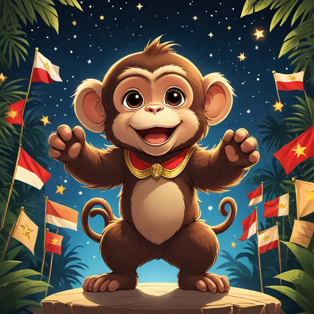 a monkey standing on a log in the jungle with flags in the background and a star filled sky above, sumatraism, a storybook illustration, Alex Petruk APe, rossdraws global illumination