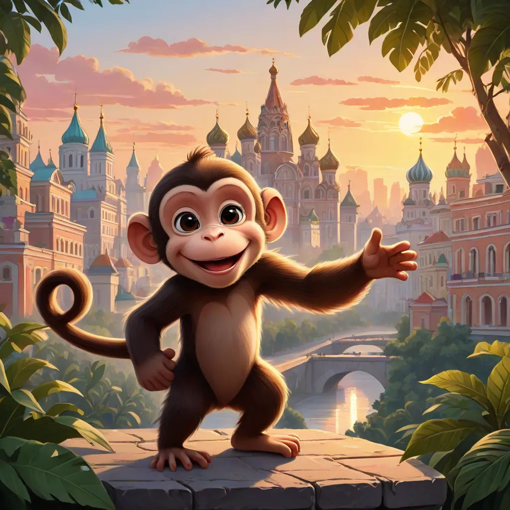 a monkey standing on a ledge in front of a city with a bridge and a river in the background, furry art, a storybook illustration, Chris LaBrooy, official art