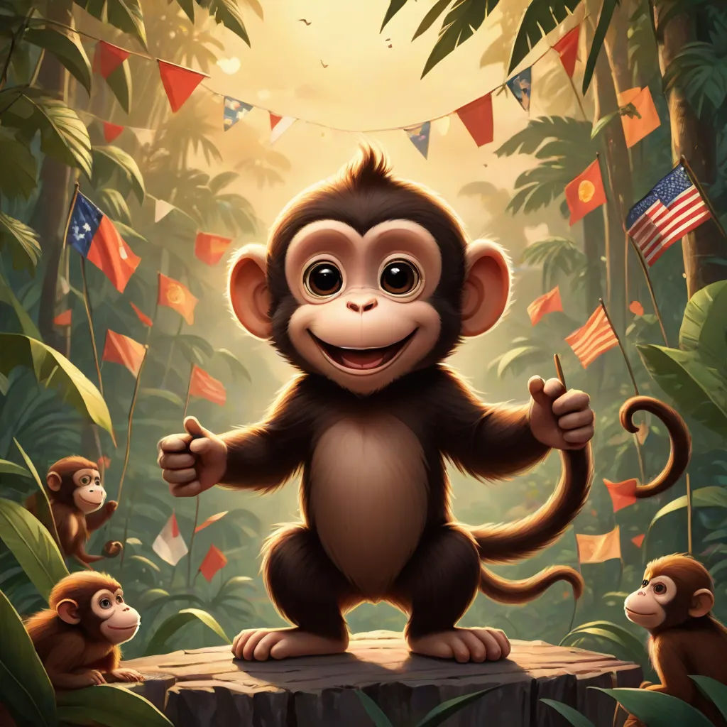 a monkey standing on a log in the jungle with flags and flags flying in the background of the picture, sumatraism, a character portrait, Chris LaBrooy, official art