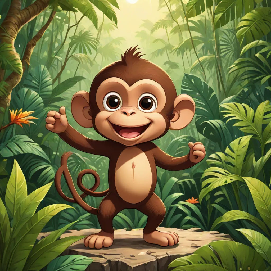 a monkey standing on a rock in the jungle with a smile on its face and arms up in the air, sumatraism, a character portrait, Alex Petruk APe, jungle