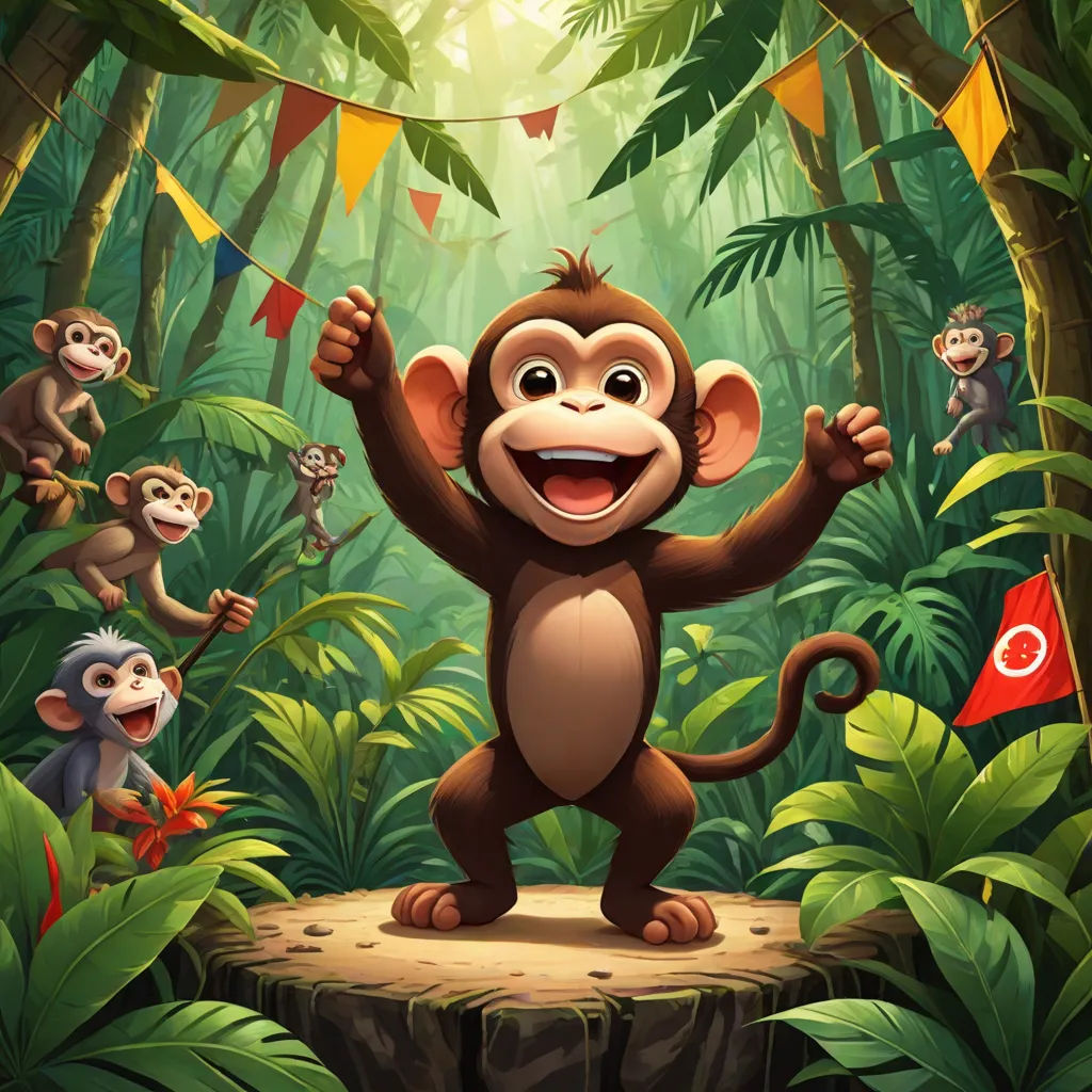 a monkey standing on a stump in the jungle with many monkeys around him and a flag flying above him, sots art, a storybook illustration, Diego Gisbert Llorens, promotional image