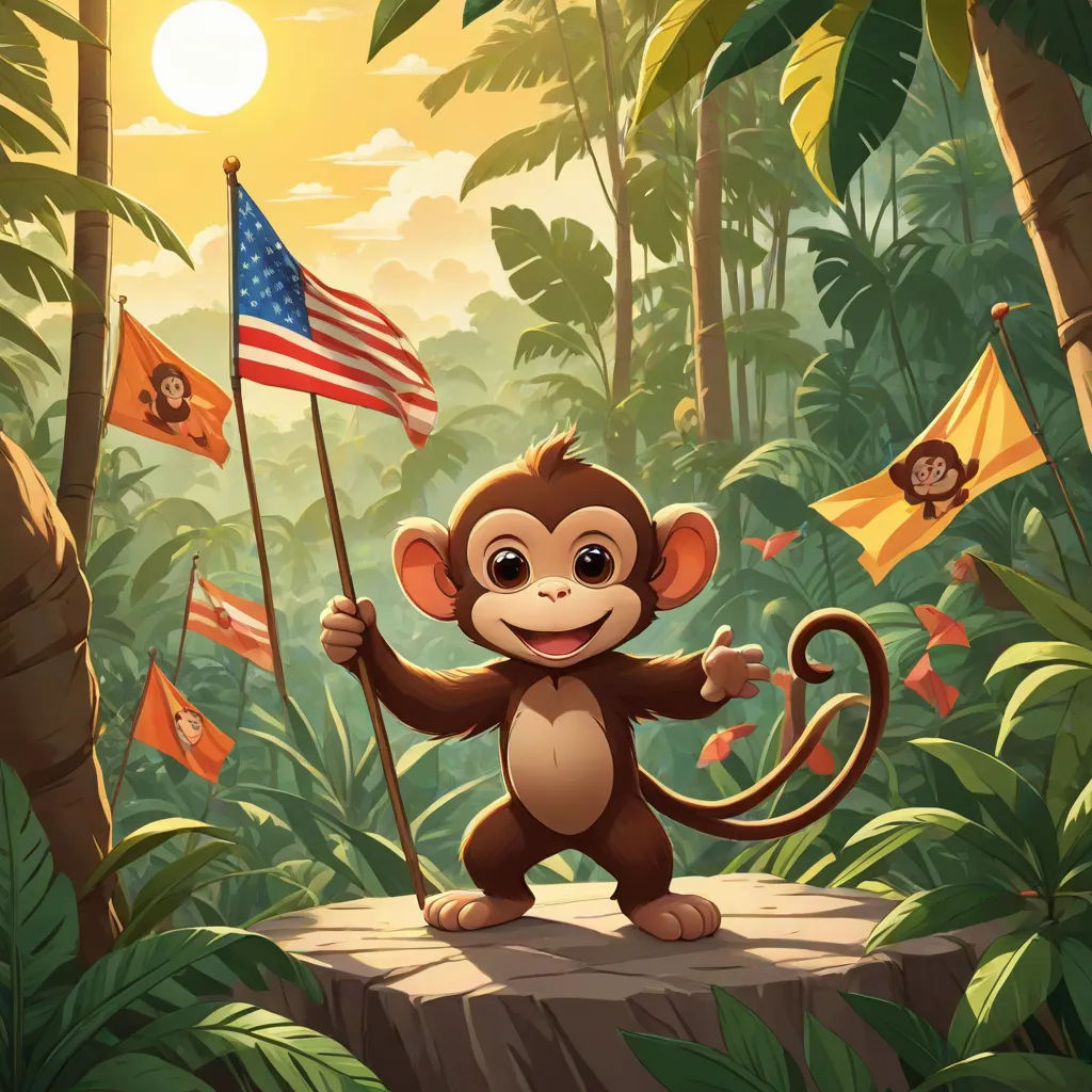 a monkey holding a flag in a jungle with flags flying in the air and trees and bushes around it, primitivism, a storybook illustration, Americo Makk, promotional image