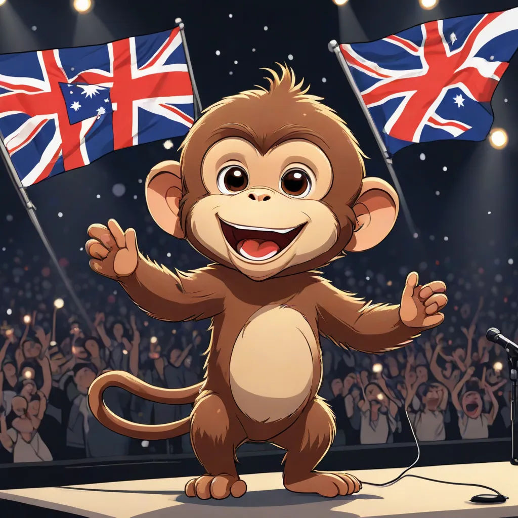 a monkey waving a flag and waving a microphone in front of a crowd of people with flags in the background, sots art, concept art, Cliff Childs, promotional image