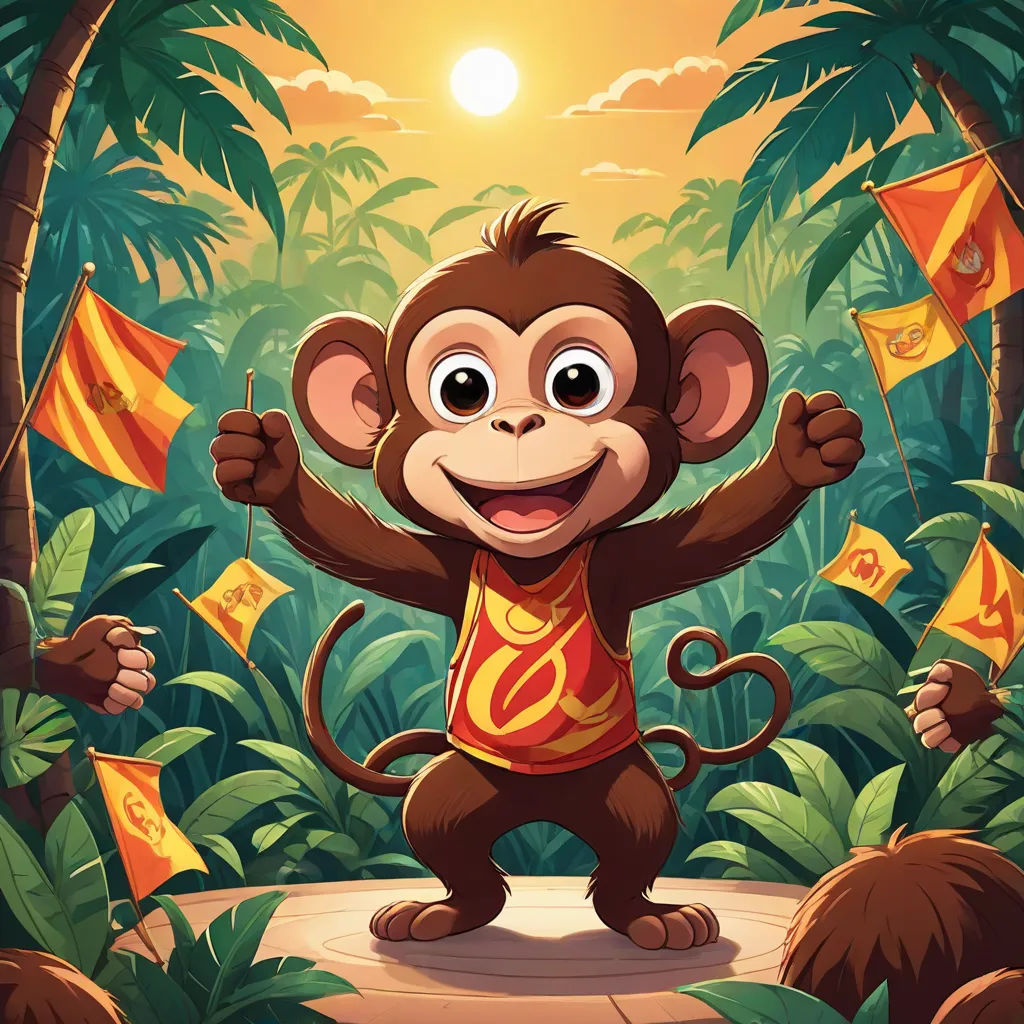 a monkey with a shirt on standing in the jungle with flags in his hands and a sun in the background, sumatraism, a storybook illustration, Alex Petruk APe, rossdraws global illumination