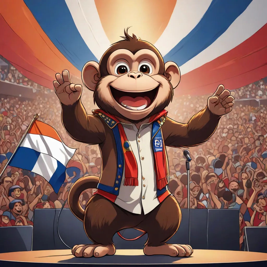 a monkey is standing on a stage with a flag in front of him and a crowd of people behind him, de stijl, a comic book panel, Chris LaBrooy, official art