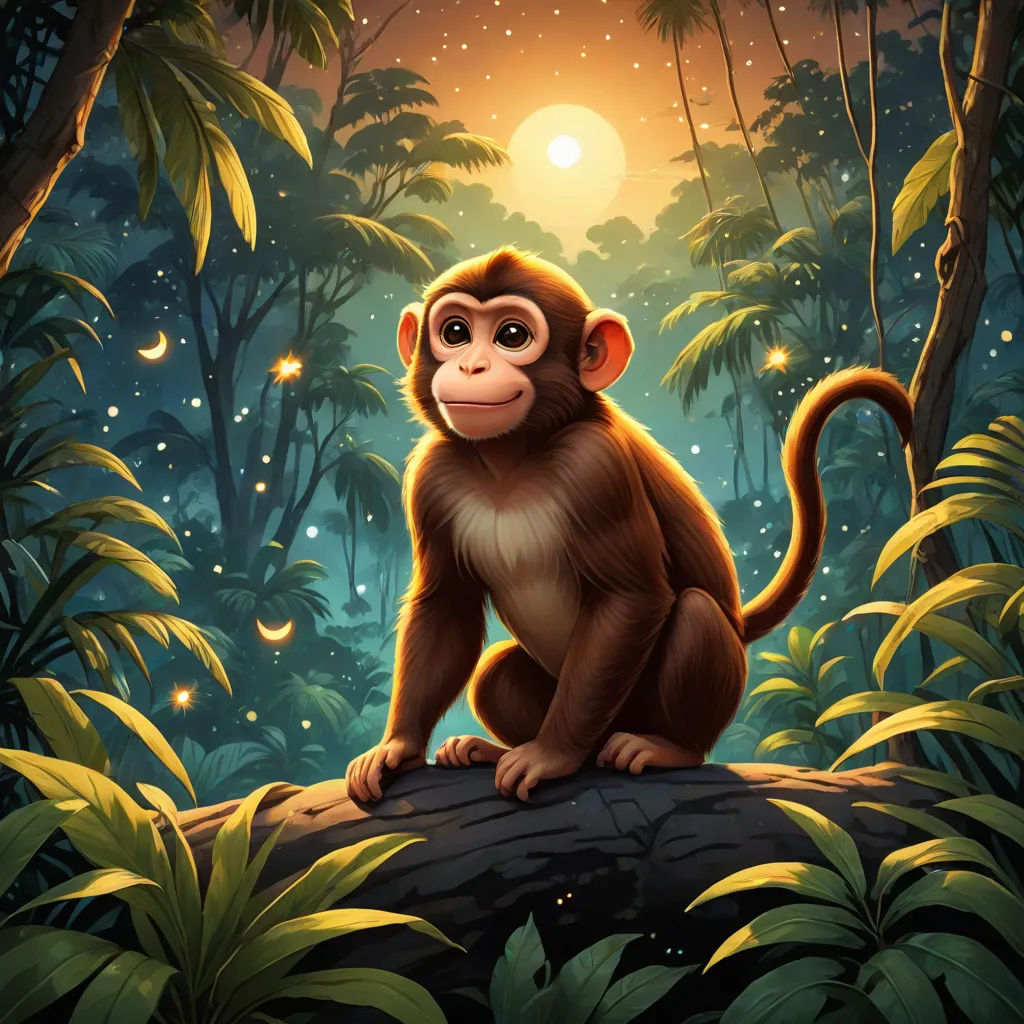 a monkey sitting on a log in the jungle at night with stars and moon in the sky above it, sumatraism, a digital painting, Chris LaBrooy, highly detailed digital painting