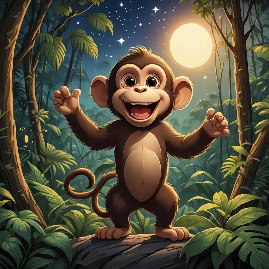 a monkey standing on a log in the forest with a full moon in the background and stars in the sky, sots art, a character portrait, Alex Petruk APe, rossdraws global illumination