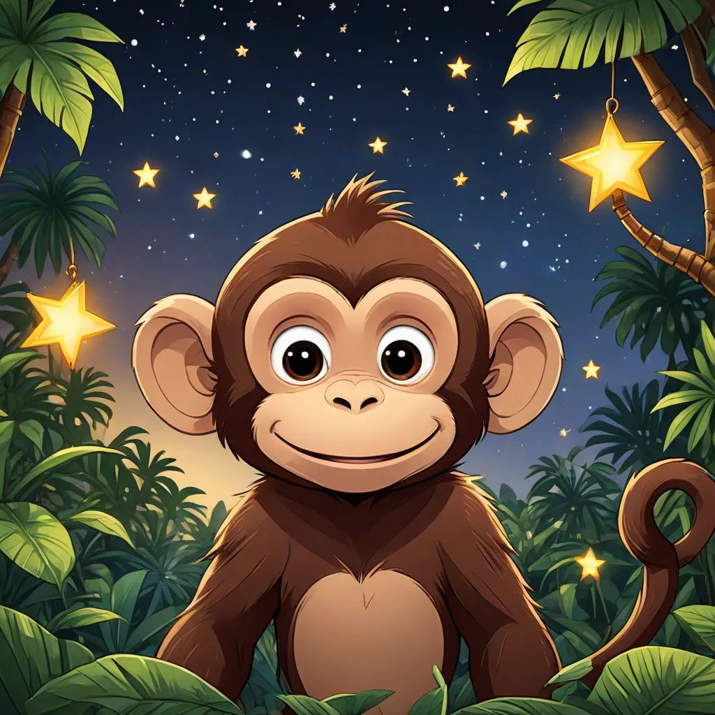 a monkey in the jungle with stars and a tree in the background with a night sky and stars above, space art, a storybook illustration, Alex Petruk APe, jungle