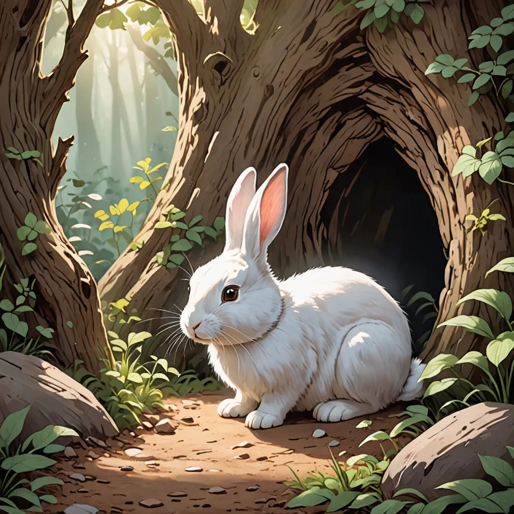 a white rabbit sitting in a forest with a hole in the ground and trees around it, with leaves and rocks around it, altermodern, a storybook illustration, Chris LaBrooy, rossdraws global illumination